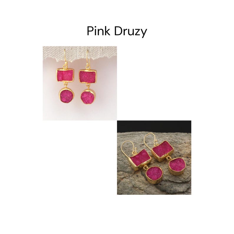 May include: Gold-plated earrings with pink druzy gemstones. Each earring has a rectangular top and a circular bottom, both encasing bright pink crystals. The text "Pink Druzy" is displayed above the earrings.