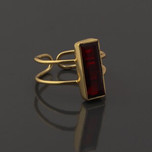 Pode incluir: Um anel dourado com uma pedra preciosa retangular vermelha escura. O anel tem um design de banda dupla com uma estética moderna. A pedra é definida em uma moldura dourada, criando um contraste marcante com a banda dourada.