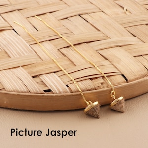 18k guldpläterade örhängen med tråd, ametist, kalcedon, kvarts ädelsten, pennspetsörhängen, par med pendeltråd (EJ-1624)