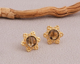Smoky Quartz Earrings, Gold Starburst Studs, Vintage Floral Jewelry, Ornate Filigree Studs 5560
