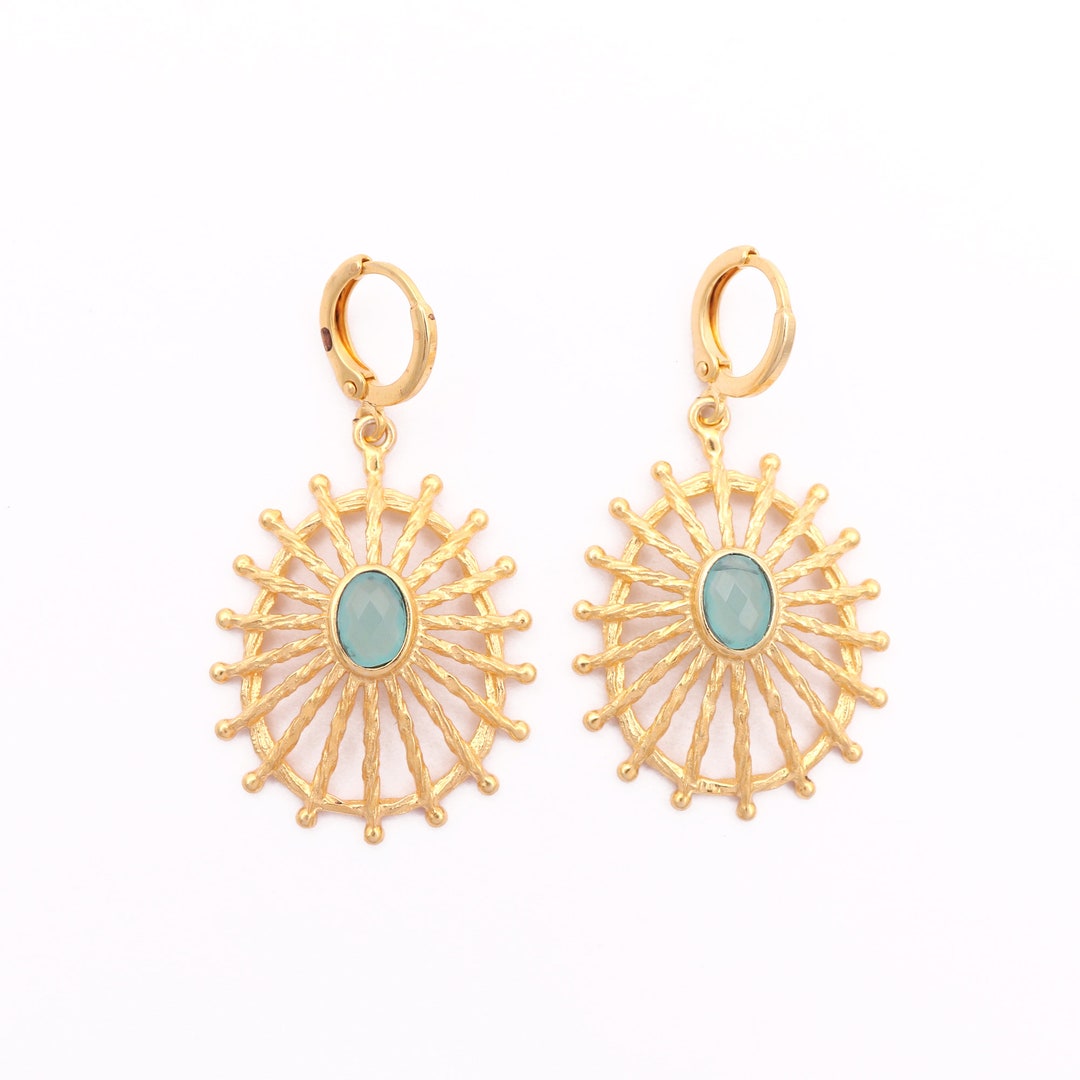 Boucles D'oreilles En Perles Turquoise, Calcédoine Rouge Et Perles D'eau Douce Plaqué Or
