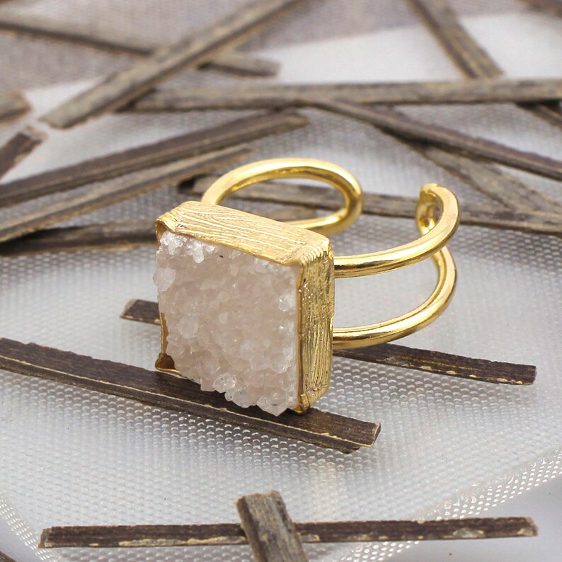 A Best quality Gemstone Rings Gold Plated Rings 14 MM Square Adjustable Ring Jewelry EJ-1082 Handmade Rings Natural Agate Druzy Ring