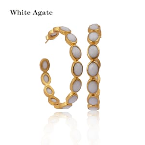 White Agate Gemstone Earrings Jewelry, Bezel Set Oval Shape Hoop Stud Earrings, Handmade Women Jewelry, Boho Statement Pair Jewelry EJ-2474
