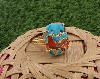 Mohave Copper Turquoise Ring Jewelry, Handmade Gold Plated Prong Setting Ring, Adjustable Oyster Rings, Brass Rings Jewelry For Gift B-5318