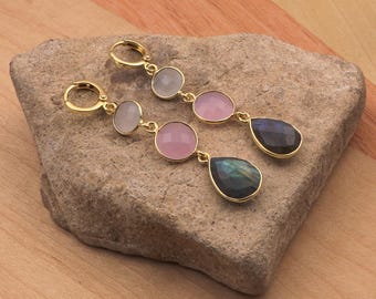 Chalcedony Gemstone Earrings Labradorite Gemstone Apatite Gemstone Jewelry Dangle Earring Gold Plated Hoop Earrings Pairs Jewelry EJ-1760