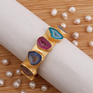 Pink Agate Slice Colorful Gemstone Bracelets - Multi Gemstone Adjustable Cuff - Gold Plated Solid Band Fashionable Bangles (4018)