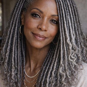 May include: A woman with gray and white braided hair, wearing gold hoop earrings and a layered pearl necklace. She is smiling, with a neutral background. The woman is wearing a light-colored top.