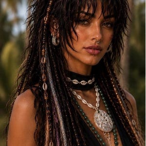 May include: A person with dark, textured hair styled with numerous thin braids adorned with small brown beads and white cowrie shells. They wear a black choker with cowrie shells, a layered necklace featuring a large circular pendant, and green beads.