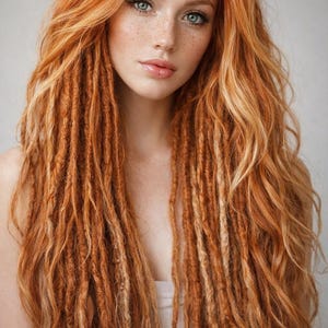 May include: A portrait of a person with long, vibrant red hair styled with dreadlocks. The hair cascades down, framing a face with fair skin, freckles, and striking green eyes. The overall aesthetic is natural and striking.