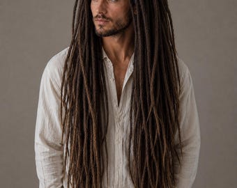Luxury Handmade Mature Dreadlock Wig for Men | HD Full Lace Loc Wig | Realistic Brunette Boho Dreads | Waist Length Human Hair Blend Locs