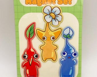 Ensemble d'aimants Plant Friends ! | Aimant Pikmin rouge, jaune, bleu | Aimants pour réfrigérateur de jeux vidéo |  Brillant, résistant à l'eau, aimant