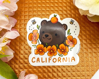 California Poppy Bear Sticker | Glossy Vinyl State Flower Art