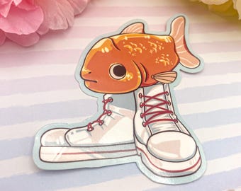 Poisson avec des chaussures (goutte à goutte) Sticker | Poisson avec pattes | Autocollants poisson | Autocollant brillant en vinyle |
