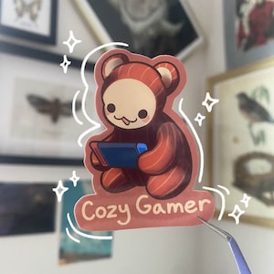 Cozy Gamer sticker| Casual Gamer sticker| Cute Gamer Girl sticker | Cute bear sticker | Glossy, Vinyl Sticker |