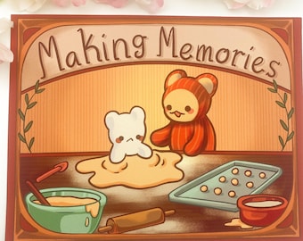 Illustration d'ours au four, impression d'art | Impression d'art de biscuits de cuisson l Impression d'art de carte postale de biscuits