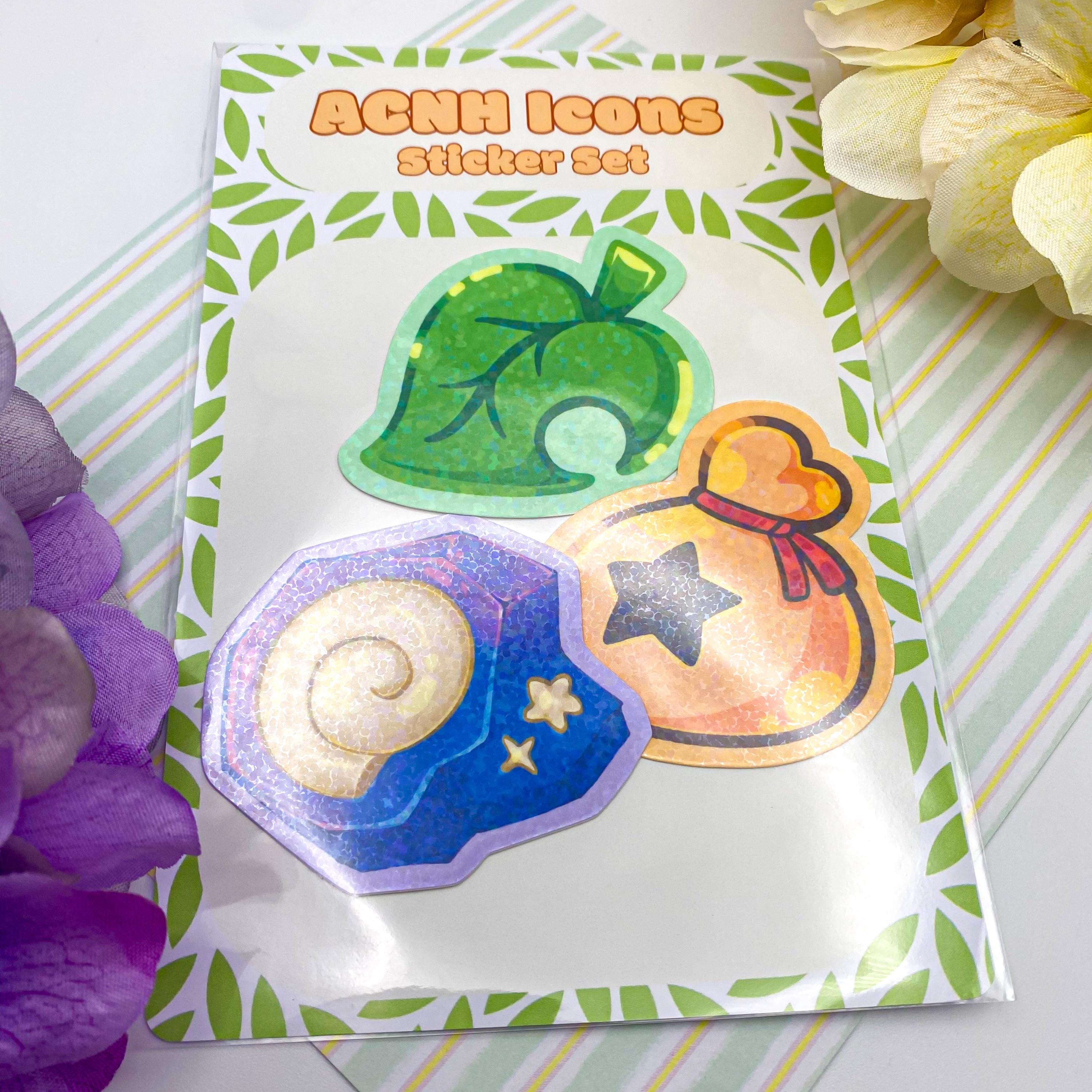 ACNH Sticker Set | Cute Animal Crossing Fossil Leaf Money Sticker | Glossy, Water resistant, holographic Sticker!