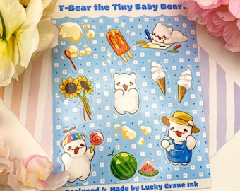 Feuille d'autocollants T-Bear le bébé ours ! | Adorable agenda, carnet de notes, autocollants pour scrapbooking |