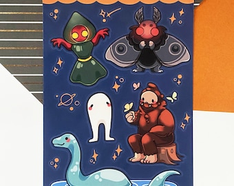 Cryptid Sticker Sheet | Cryptids are Friends!  | Scrapbook stickers | Mothman, Bigfoot, Flatwoods, Nessie