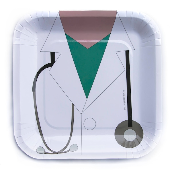 Stethoscope, white coat paper party plates for medical party, dinner size, nurse, pharmacist, physical therapy, pa, np, doctor, set of 10