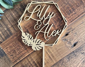 Personalized Tropical Wedding Cake Topper with Names - Monstera Palm Leaf Party Decor