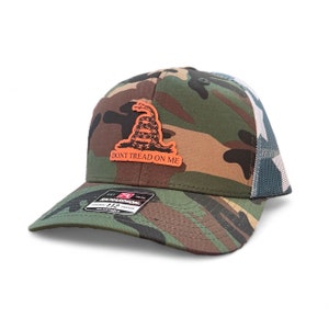 Gadsden Flag Trucker Hat: Leatherette Patch, Camo Snapback