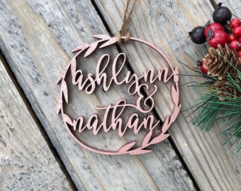 Personalized Wood Christmas Ornament: Rustic Farmhouse Couple Gift