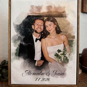 Personalized Watercolor Couple Portrait on Canvas with Wood Floater Frame, Custom Wedding Photo Art, Names and Date Keepsake