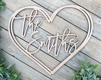 Personalized Heart Shaped Family Name Wood Sign - Custom Last Name Wedding Anniversary