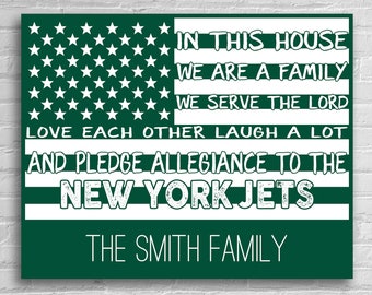 Personalized Pledge Allegiance to New York Jets Family Name Flag Poster Print or Canvas Gift Custom Name Serve The Lord