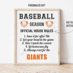 Personalized SF Giants Fan Gift, Game Day, Baseball Season Official House Rules Poster Print or Canvas Birthday Gift