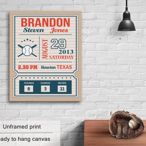 Baseball Birth Announcement Poster Print or Canvas Sports Nursery Decor Personalized, Birth Stat Wall Art Vintage Ticket Retro
