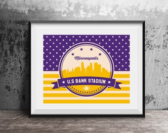 Minnesota Vikings Decor, U.S. Bank Stadium, Vintage Print, American Flag, Football Poster, Retro Poster, Fan Gift, Minneapolis Skyline