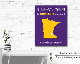 Vikings Wedding Gift I Love You To Minnesota And Back, Poster Print or Canvas, Minnesota Vikings, Minnesota Wall Art, Personalized Gift