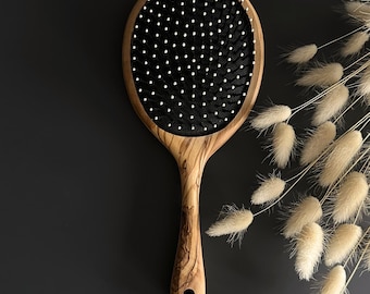 Personalized Olive Wood Hairbrush with Mirror – Rustic Handheld Design