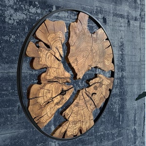 Rustic Olive Wood Wall Decor - Wall Art With Metal Frame - Live Edge Wooden Wall Decor - Large Live Edge Wall Art | 22 inches Round Wall Art