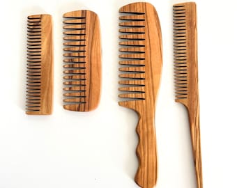 Personalized Olive Wood Comb Set | Custom Engraved 4-Piece Wooden Hair Combs | Christmas Gift
