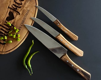 Olive Wood Kitchen Knife Set, Stainless Steel Blade (3 Piece)