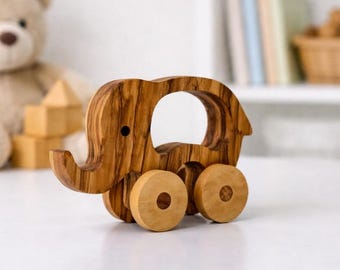 Handmade Olive Wood Elephant Toy, Chemical-Free Vegan Gift
