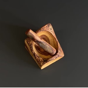 Ensemble mortier et pilon en bois d&#39;olivier, mortier et pilon en bois sculpté, mortier et pilon en bois rustiques, mortier en bois d&#39;olivier rustique