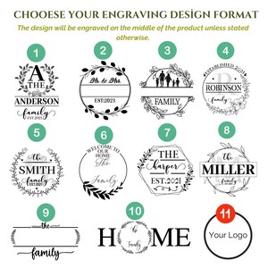 May include: Eleven different engraving design options for a personalized gift. Designs include family names, established dates, and the word "home".