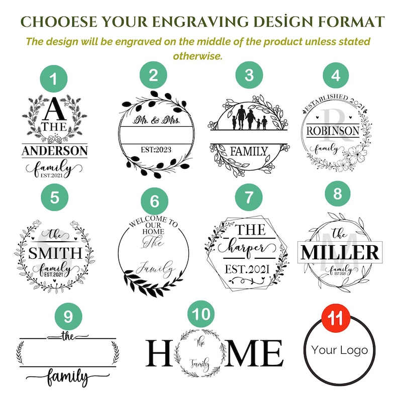 May include: Eleven different engraving design options for a personalized gift. Designs include family names, established dates, and the word "home".