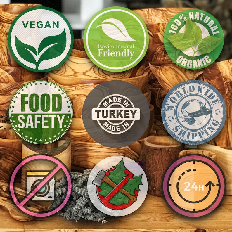 May include: A collection of nine round, colorful stickers with various messages and symbols. The stickers include "Vegan", "Environmental Friendly", "100% Natural Organic", "Food Safety", "Made in Turkey", "World Wide Shipping", "24H", a washing machine with a diagonal line through it, and an axe crossed over a Christmas tree.