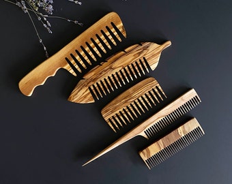 Olive Wood Beauty Comb Set of 5, Wooden Wide Tine Combs, Wooden Close Tine Combs, Authentic