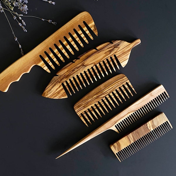 Olive Wood Beauty Comb Set of 5, Wooden Wide Tine Combs, Wooden Close Tine Combs, Authentic