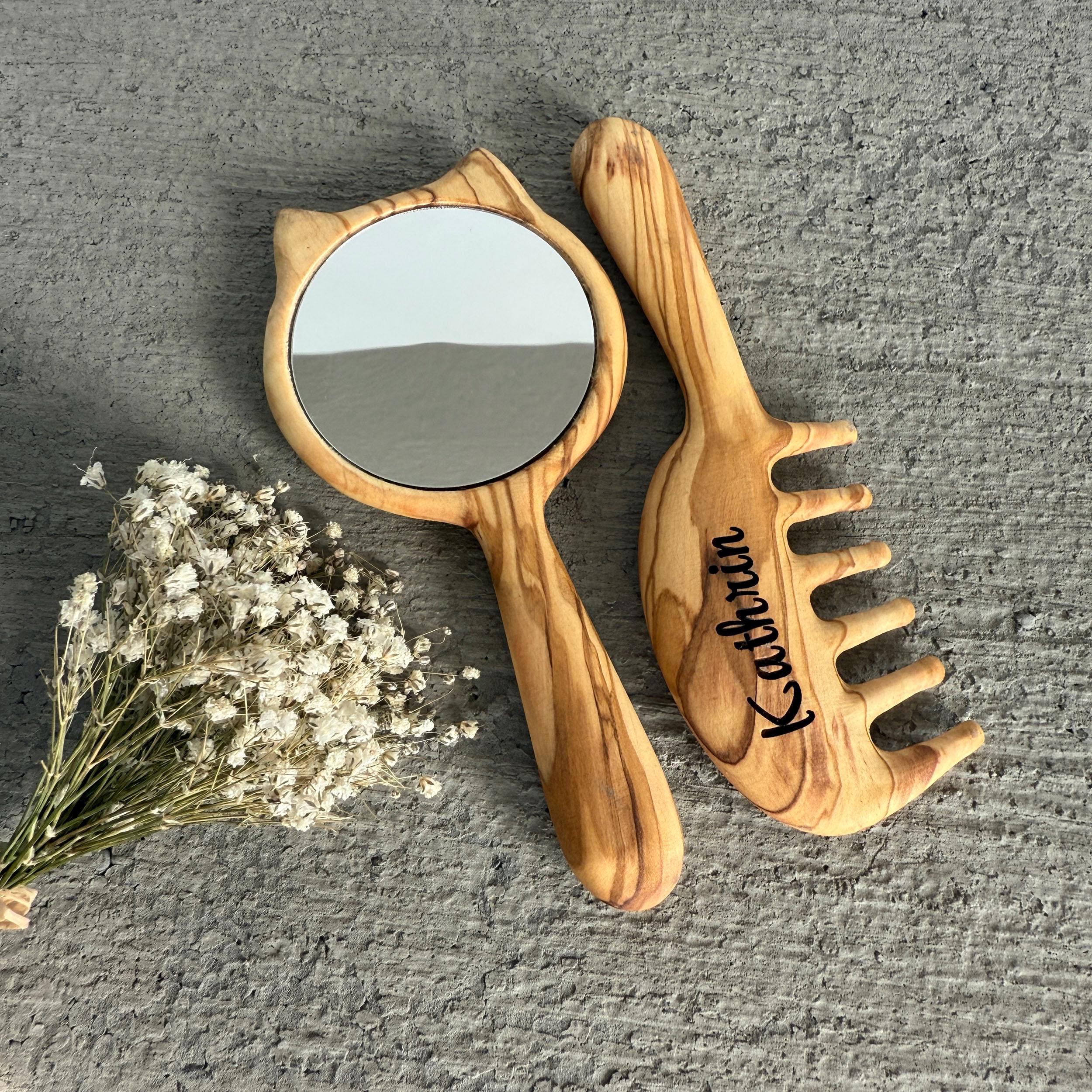 Personalized Olive Wood Comb and Mirror Set for Girls – Handmade