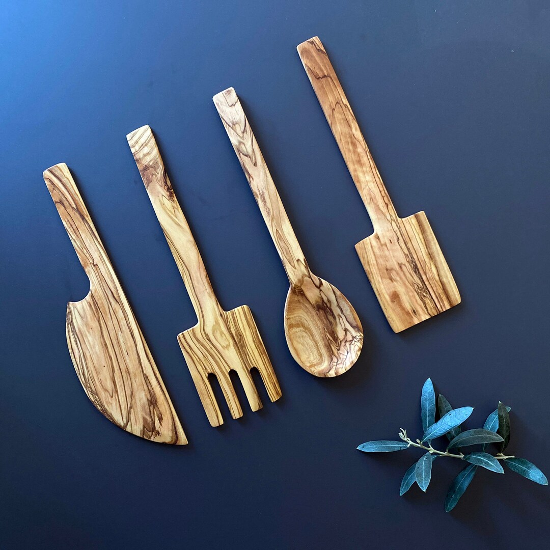 Olive Wood Cutlery Set Wooden Salad Server Set Authentic Etsy