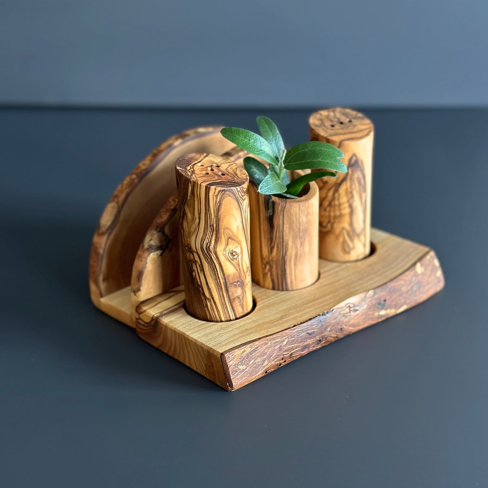 Olive Wood Salt and Pepper Shaker with Napkin Holder