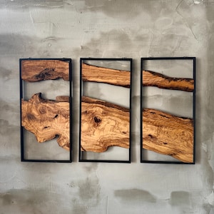Unique Olive Wood Wall Decor Set - 3 Piece Wall Art With Metal Frame - Live Edge Wooden Wall Decor - 3-Piece Set (Each (11.8&quot; x 23.6&quot; )