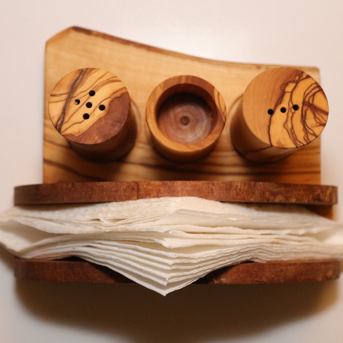 Olive Wood Salt and Pepper Shaker With Napkin Holder, Authentic Wooden Table Set, Natural Wooden Salt Shaker, Wooden Salt and Pepper Shaker - Etsy