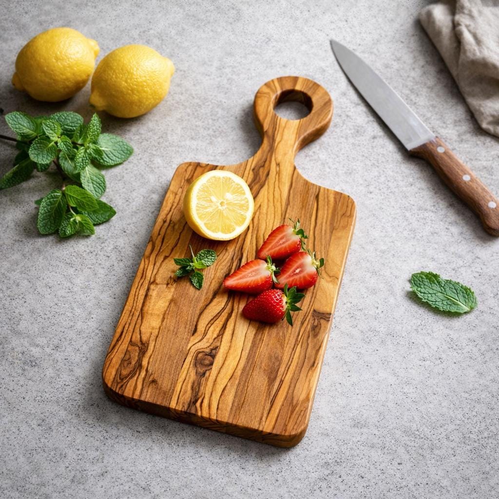 オリーブウッドのカスタマイズ可能なハンドル付きカッティングボード